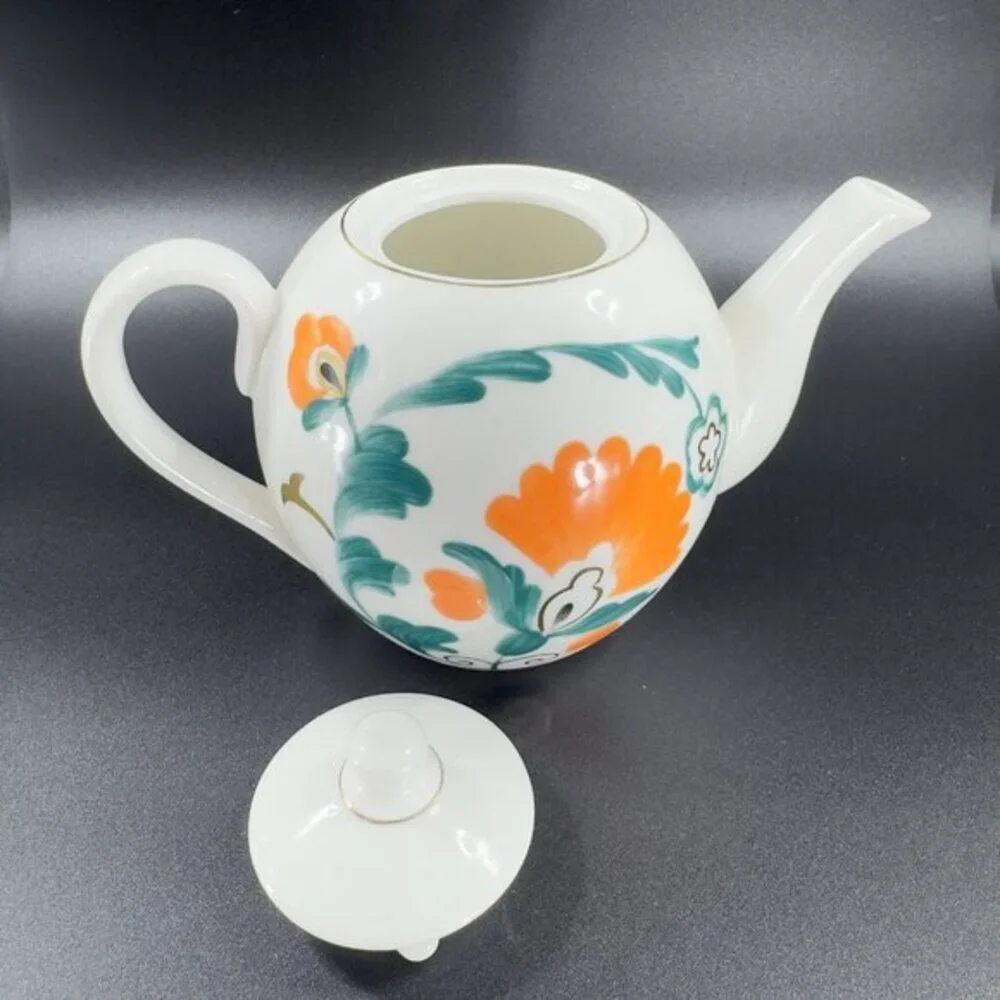Anthropologie Stoneware‎ Ceramic Teapot Carafe Tea Pot With Green Orange Flowers